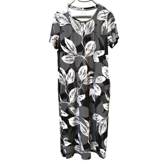 Coldwater Creek Dresses & Skirts - Coldwater Creek Womens Medium Short Sleeve Midi Dress Leaf Print Black Gray